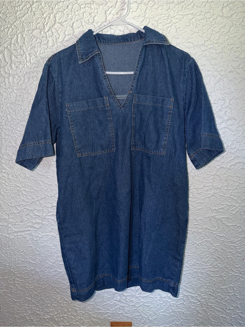Short Sleeve V-Neck Denim Tunic Shift Dress with Pockets Size S
